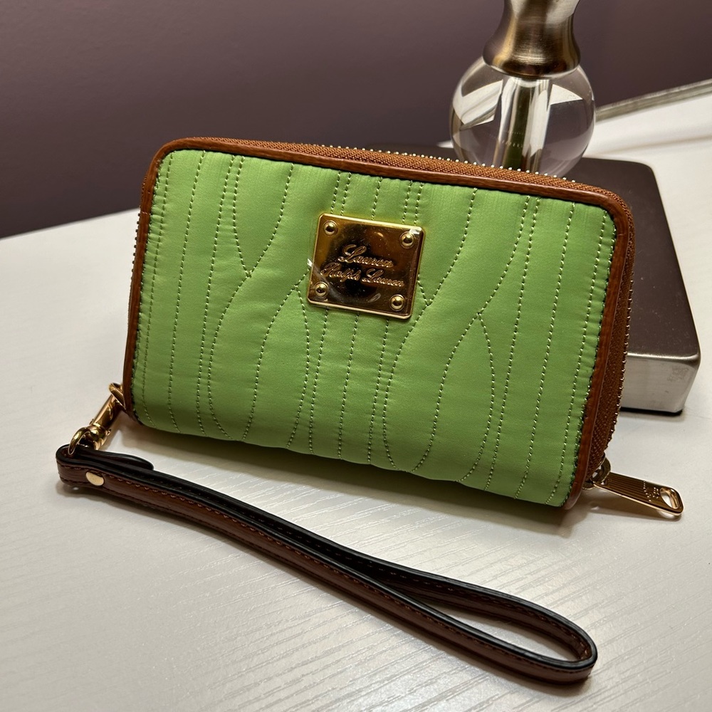 New Ralph Lauren green brown zipper wristlet wallet
